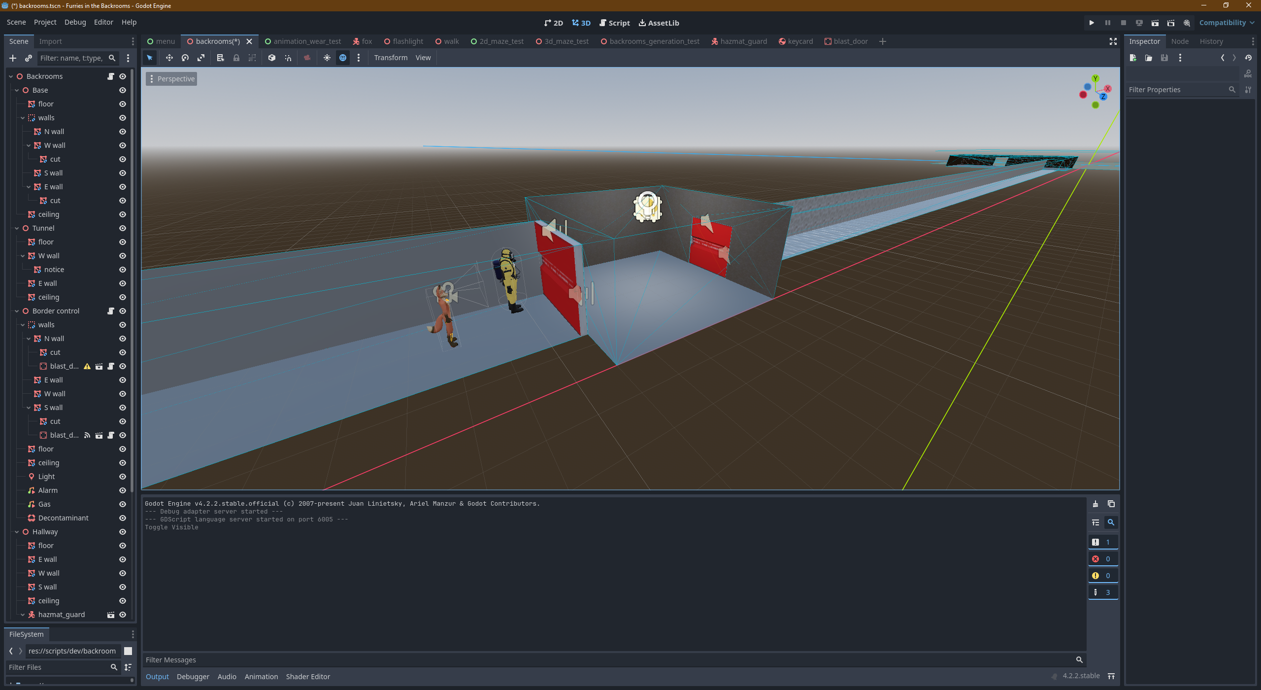 A screenshot of the Godot engine editor with the Furries in the Backrooms project opened.
Here we can see on the left side of the editor a big list of nodes for this scene ("backrooms").
There are over 40+ nodes in this project.