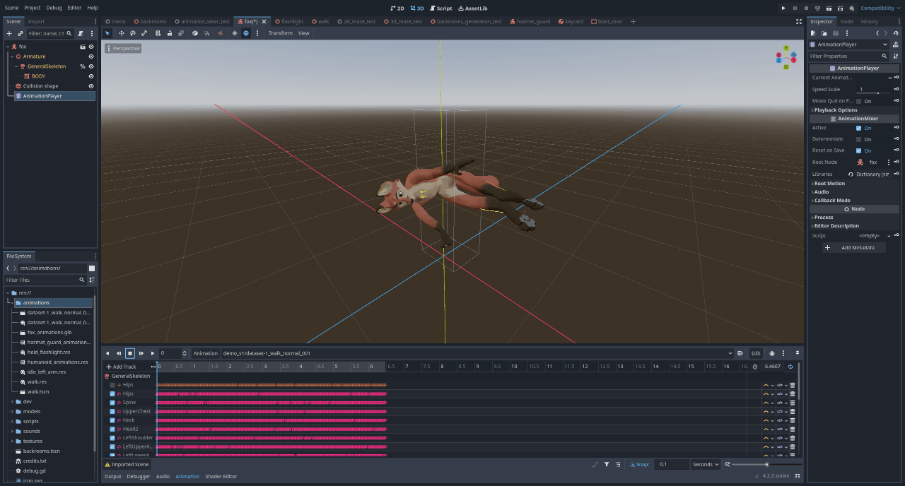 A fox having a seizure for 6.5 seconds with Bandai Namco's walking motion data in the AnimationPlayer node of the Godot engine editor.