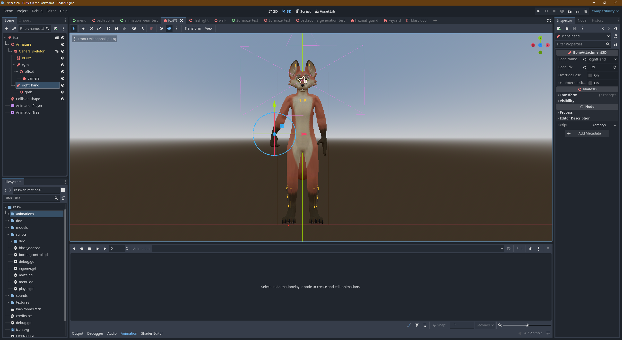 A fox in the Godot engine editor.
The "right_hand" BoneAttachment3D is selected, the gizmo pointing the fox' right wrist in the viewport.
A "grab" node is added below the "right_hand" node to offset the gizmo's position to the middle of the fox' right hand.