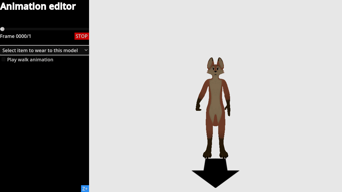 An animation of the fox from Z+, X+ then Y+ view walking with a flashlight in his right hand in the custom animation player.
"Flashlight" is selected in the dropdown list and "Play walk animation" checked below.