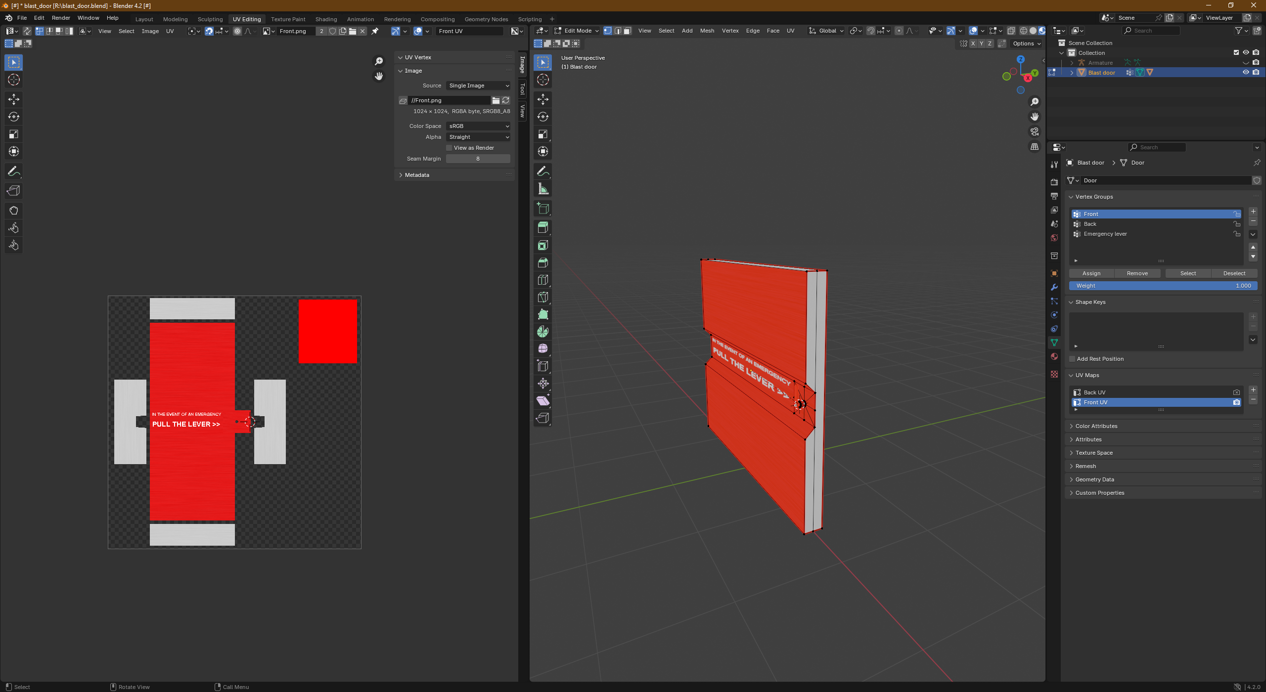 Blender 4.2 software

A UV map of the blast door shown on the left side of the software then the blast door with the texture applied on the right.
We can see the problem on the "UV Maps" tab on the right side containing 2 UV maps: "Back UV" and "Front UV".
We must not use more than one UV map for texturing if we plan to export it later on the Godot engine.