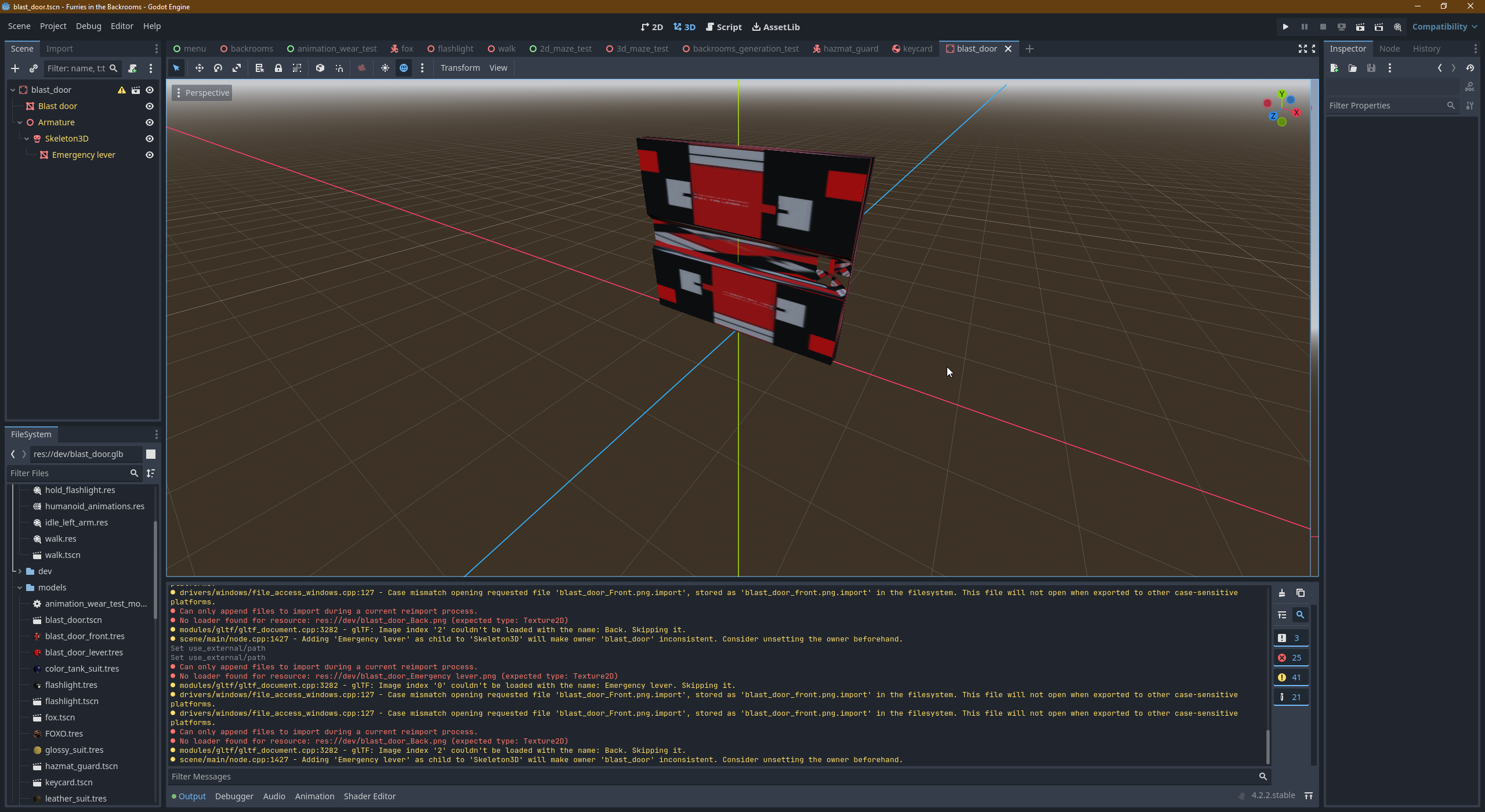 A blast door with disfigured textures over all its faces in the Godot engine editor.
It looks like as if there wasn't a UV map to apply.